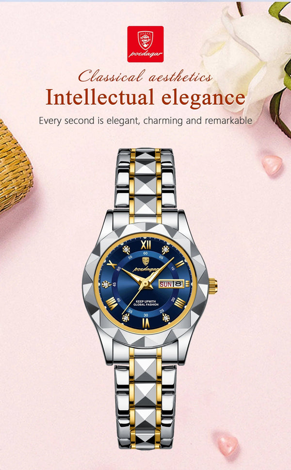 Planet Gates Gold Gold POEDAGAR Luxury Ladies Dress Watch Luminous Waterproof Week Date Woman Wristwatch Stainless Steel Women Quartz Watches reloj+box