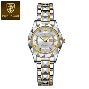 Planet Gates Gold Gold POEDAGAR Luxury Ladies Dress Watch Luminous Waterproof Week Date Woman Wristwatch Stainless Steel Women Quartz Watches reloj+box