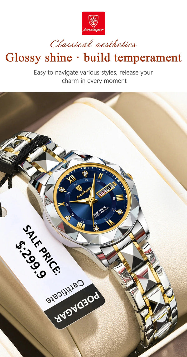 Planet Gates Gold Gold POEDAGAR Luxury Ladies Dress Watch Luminous Waterproof Week Date Woman Wristwatch Stainless Steel Women Quartz Watches reloj+box