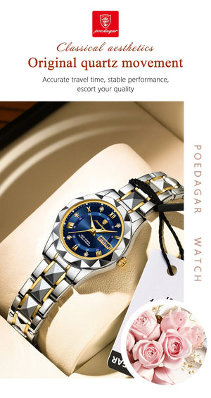 Planet Gates Gold Gold POEDAGAR Luxury Ladies Dress Watch Luminous Waterproof Week Date Woman Wristwatch Stainless Steel Women Quartz Watches reloj+box