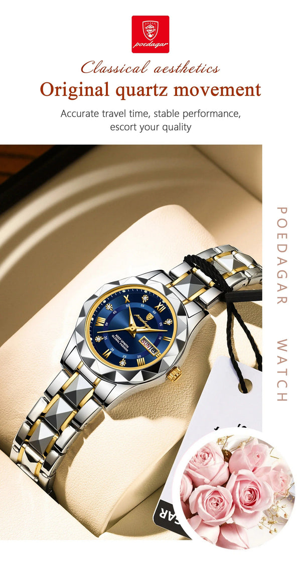 Planet Gates Gold Gold POEDAGAR Luxury Ladies Dress Watch Luminous Waterproof Week Date Woman Wristwatch Stainless Steel Women Quartz Watches reloj+box