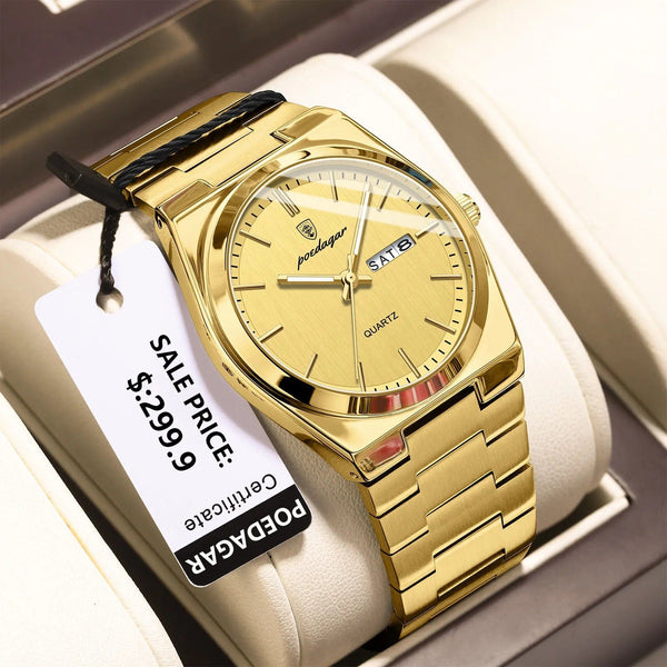 Planet Gates Gold Gold POEDAGAR Luxury Watch For Man Waterproof Luminous Date Week Stainless Steel Men Watch Casual Quartz Men's Watches Male Clock+box