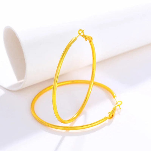 Planet Gates Gold Hoop Earrings 24K Yellow Gold Plated Round Big Circle Piercing Earring Set For Women 30/40/50/60mm Smooth Ear Cuff Jewelry