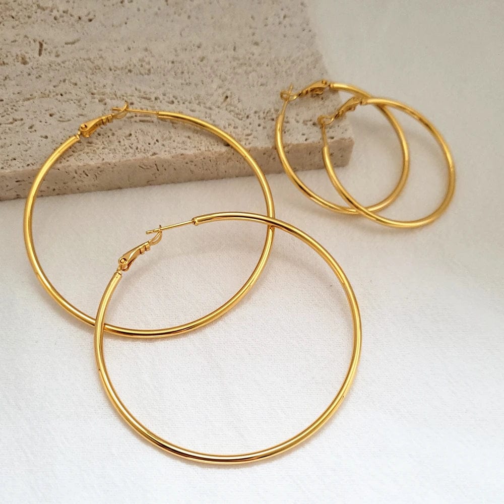 Planet Gates 30mm Gold Hoop Earrings 24K Yellow Gold Plated Round Big Circle Piercing Earring Set For Women 30/40/50/60mm Smooth Ear Cuff Jewelry