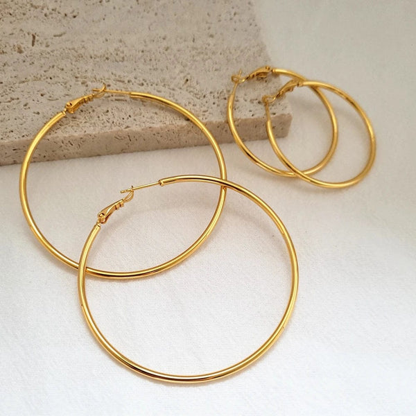 Planet Gates Gold Hoop Earrings 24K Yellow Gold Plated Round Big Circle Piercing Earring Set For Women 30/40/50/60mm Smooth Ear Cuff Jewelry