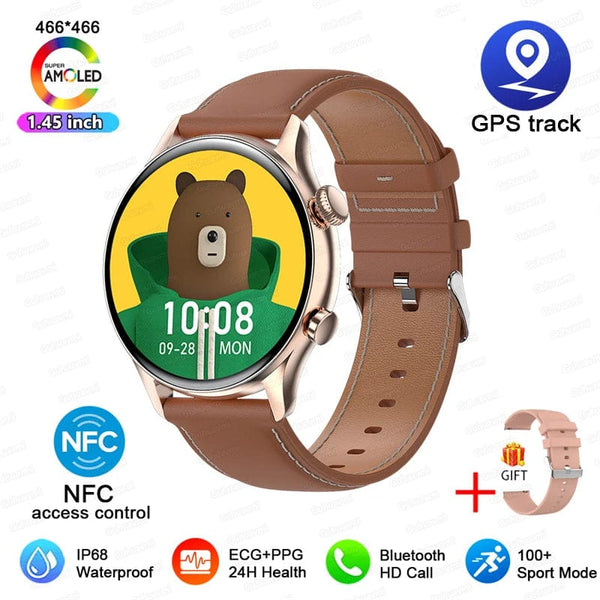 Planet Gates Gold Leather / Perfect woman watch For XIAOMI HD Bluetooth Call Watch 2024 ECG Smart Watch Women AMOLED 466*466 HD Display Clock Sports IP68 Waterproof Smartwatch