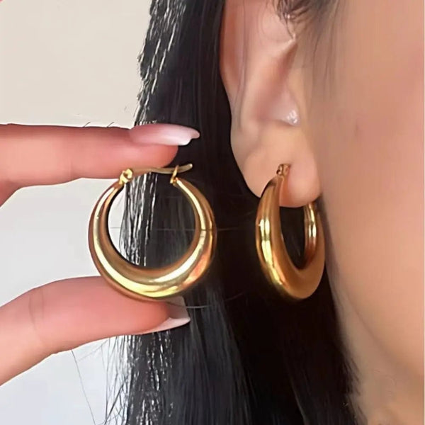 Planet Gates Gold / M - 28 X 24 mm New Style 2024 Wholesale Smooth Exquisite Big Circle Hoop Earrings for Women Girl Wedding Party Large Stainless Steel Jewelry