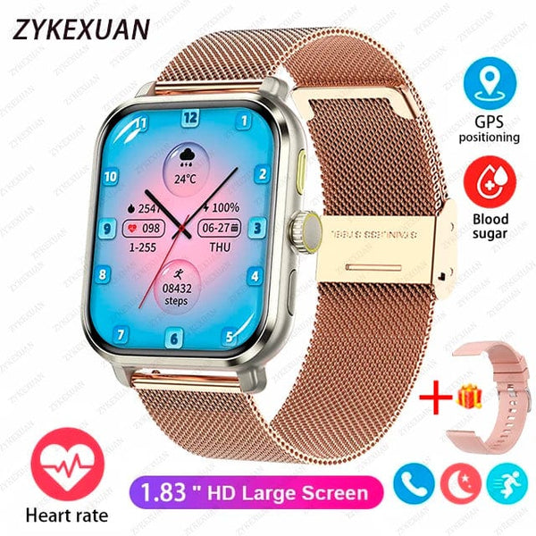 Planet Gates Gold mesh belt / AMOLED 1.85 inch 2024 New For Huawei Xiaomi AMOLED Smart Watch Men Blood Sugar Bluetooth Call GPS Sport Tracker IP68 Waterproof Women Smartwatch