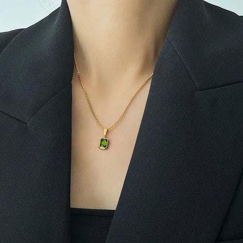 Planet Gates Gold OIMG 316L Stainless Steel Gold Plated Emerald Zirconia Geometric Square Pendant Necklace For Women Girls Temperament Jewelry