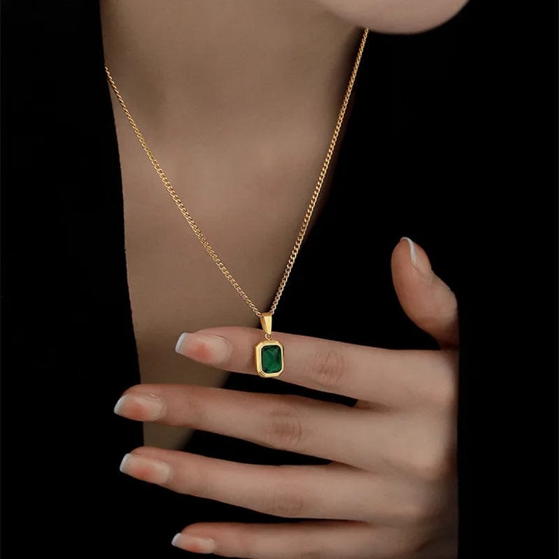 Planet Gates Gold OIMG 316L Stainless Steel Gold Plated Emerald Zirconia Geometric Square Pendant Necklace For Women Girls Temperament Jewelry