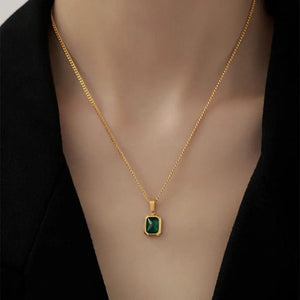 Planet Gates Gold OIMG 316L Stainless Steel Gold Plated Emerald Zirconia Geometric Square Pendant Necklace For Women Girls Temperament Jewelry