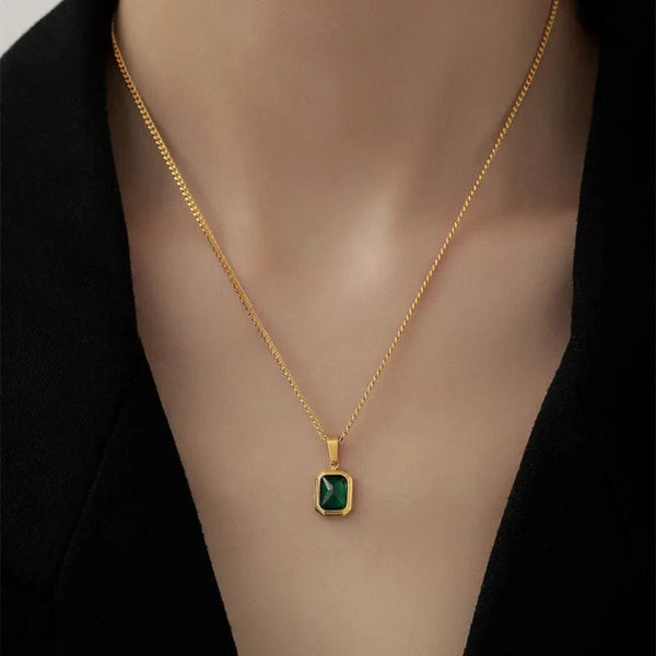 Planet Gates Gold OIMG 316L Stainless Steel Gold Plated Emerald Zirconia Geometric Square Pendant Necklace For Women Girls Temperament Jewelry