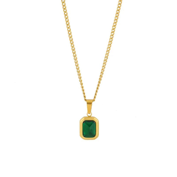 Planet Gates Gold OIMG 316L Stainless Steel Gold Plated Emerald Zirconia Geometric Square Pendant Necklace For Women Girls Temperament Jewelry