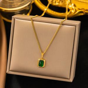 Planet Gates Gold OIMG 316L Stainless Steel Gold Plated Emerald Zirconia Geometric Square Pendant Necklace For Women Girls Temperament Jewelry