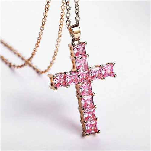 Planet Gates Gold Pink New Fashion Necklaces Female Pendants Gold Multi Color Crystal Jesus Cross Pendant For Women Necklace Party Leisure Time Jewelry