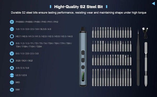 Planet Gates Gold Precision Electric Screwdriver Set 68 in 1 Cordless 64 S2 Precision Drill Bits 5 Torque Settings LED Hand Repair Tool Kit