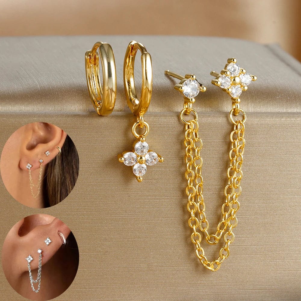 Planet Gates Gold-Red 3PCS New Arrival Four Zircon Flower Hoop Earring Set for Women Stainless Steel Double Stud Chain Tassel Huggie Piercing Jewelry