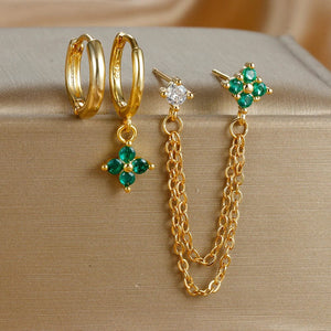 Planet Gates Gold-Red 3PCS New Arrival Four Zircon Flower Hoop Earring Set for Women Stainless Steel Double Stud Chain Tassel Huggie Piercing Jewelry