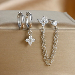 Planet Gates Gold-Red 3PCS New Arrival Four Zircon Flower Hoop Earring Set for Women Stainless Steel Double Stud Chain Tassel Huggie Piercing Jewelry