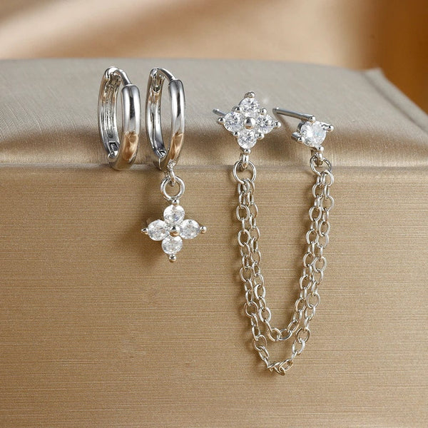 Planet Gates Gold-Red 3PCS New Arrival Four Zircon Flower Hoop Earring Set for Women Stainless Steel Double Stud Chain Tassel Huggie Piercing Jewelry