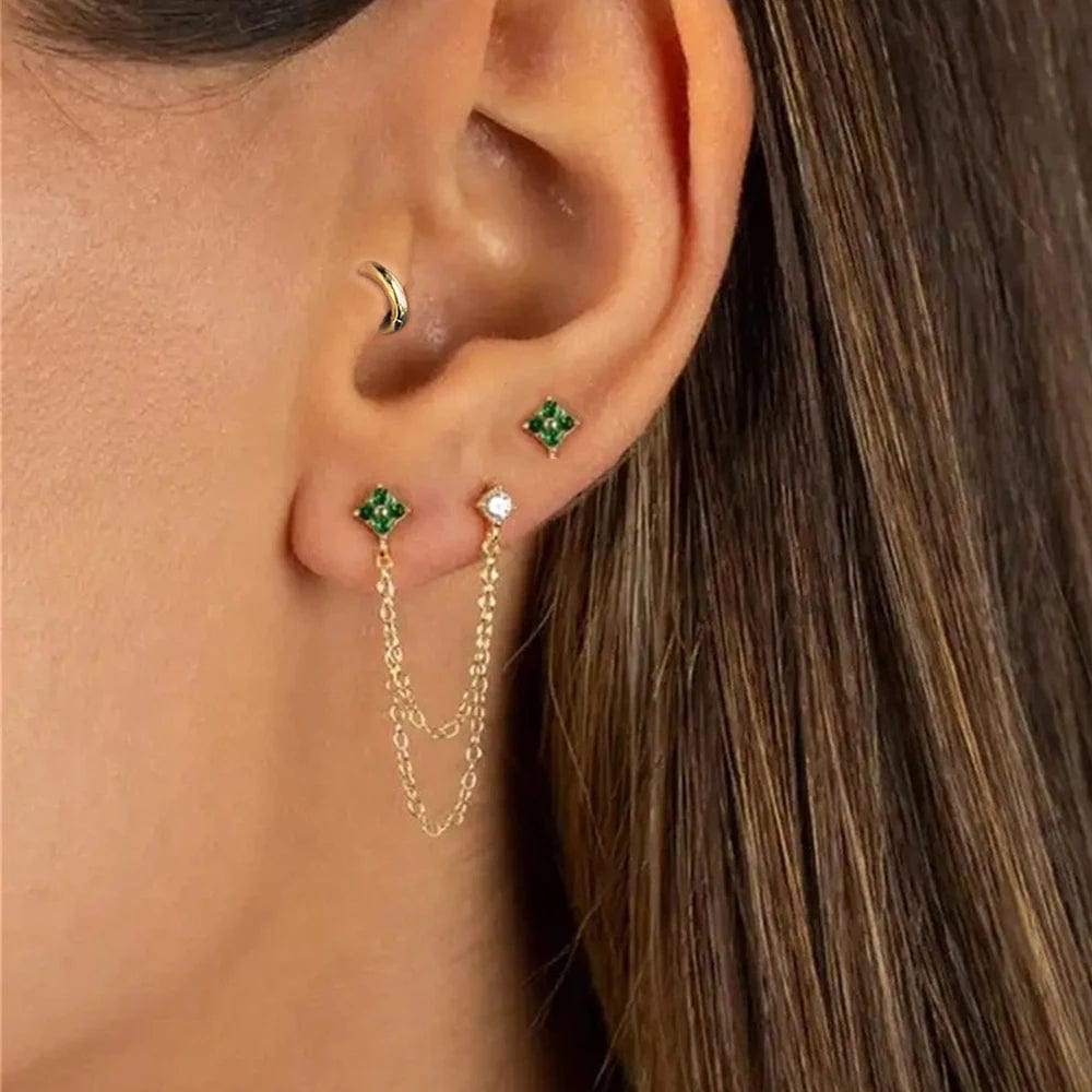 Planet Gates Gold-Red 3PCS New Arrival Four Zircon Flower Hoop Earring Set for Women Stainless Steel Double Stud Chain Tassel Huggie Piercing Jewelry