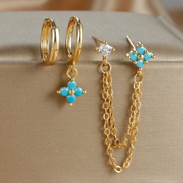 Planet Gates Gold-Red 3PCS New Arrival Four Zircon Flower Hoop Earring Set for Women Stainless Steel Double Stud Chain Tassel Huggie Piercing Jewelry