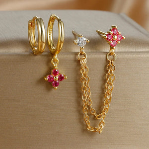 Planet Gates Gold-Red 3PCS New Arrival Four Zircon Flower Hoop Earring Set for Women Stainless Steel Double Stud Chain Tassel Huggie Piercing Jewelry