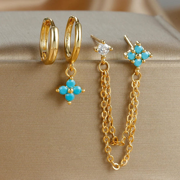 Planet Gates Gold-Red 3PCS New Arrival Four Zircon Flower Hoop Earring Set for Women Stainless Steel Double Stud Chain Tassel Huggie Piercing Jewelry