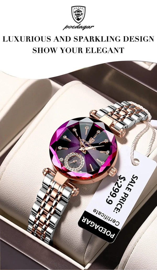 Planet Gates Gold Red L POEDAGAR Luxury Woman Wristwatch Elegant Waterproof Stainless Steel Watch for Ladies Dress Diamond Quartz Women's Watches Reloj