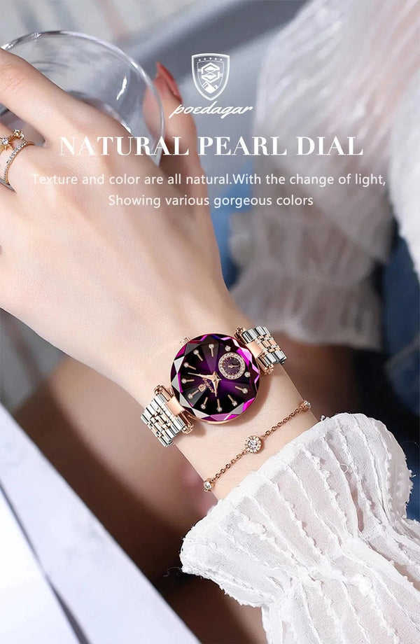 Planet Gates Gold Red L POEDAGAR Luxury Woman Wristwatch Elegant Waterproof Stainless Steel Watch for Ladies Dress Diamond Quartz Women's Watches Reloj