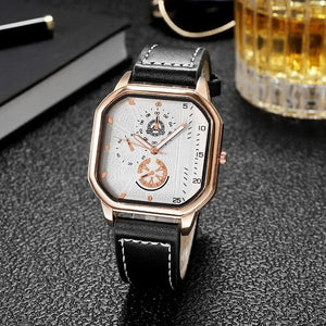 Planet Gates Gold-white-1 Men Quartz Watches Alloy Dial Business Men Watch PU Leather Strap Big Dial Square Sports Watch Cool Black Wristwatch for Man