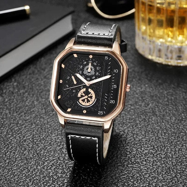 Planet Gates Gold-white-1 Men Quartz Watches Alloy Dial Business Men Watch PU Leather Strap Big Dial Square Sports Watch Cool Black Wristwatch for Man