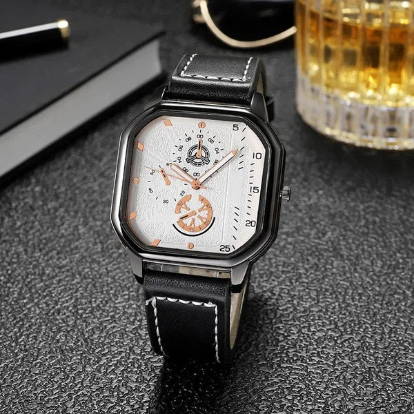 Planet Gates Gold-white-1 Men Quartz Watches Alloy Dial Business Men Watch PU Leather Strap Big Dial Square Sports Watch Cool Black Wristwatch for Man