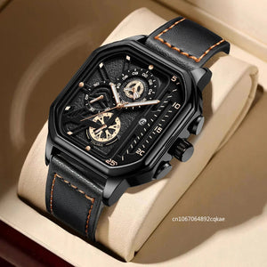 Planet Gates Gold-white-1 Men Quartz Watches Alloy Dial Business Men Watch PU Leather Strap Big Dial Square Sports Watch Cool Black Wristwatch for Man