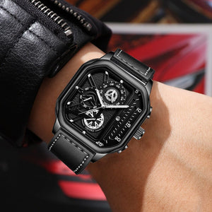 Planet Gates Gold-white-1 Men Quartz Watches Alloy Dial Business Men Watch PU Leather Strap Big Dial Square Sports Watch Cool Black Wristwatch for Man