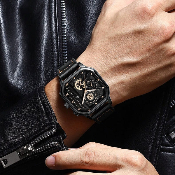 Planet Gates Gold-white-1 Men Quartz Watches Alloy Dial Business Men Watch PU Leather Strap Big Dial Square Sports Watch Cool Black Wristwatch for Man