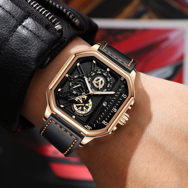 Planet Gates Gold-white-1 Men Quartz Watches Alloy Dial Business Men Watch PU Leather Strap Big Dial Square Sports Watch Cool Black Wristwatch for Man