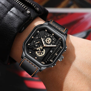 Planet Gates Gold-white-1 Men Quartz Watches Alloy Dial Business Men Watch PU Leather Strap Big Dial Square Sports Watch Cool Black Wristwatch for Man