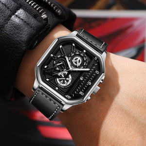 Planet Gates Gold-white-1 Men Quartz Watches Alloy Dial Business Men Watch PU Leather Strap Big Dial Square Sports Watch Cool Black Wristwatch for Man