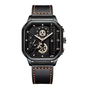 Planet Gates Gold-white-1 Men Quartz Watches Alloy Dial Business Men Watch PU Leather Strap Big Dial Square Sports Watch Cool Black Wristwatch for Man