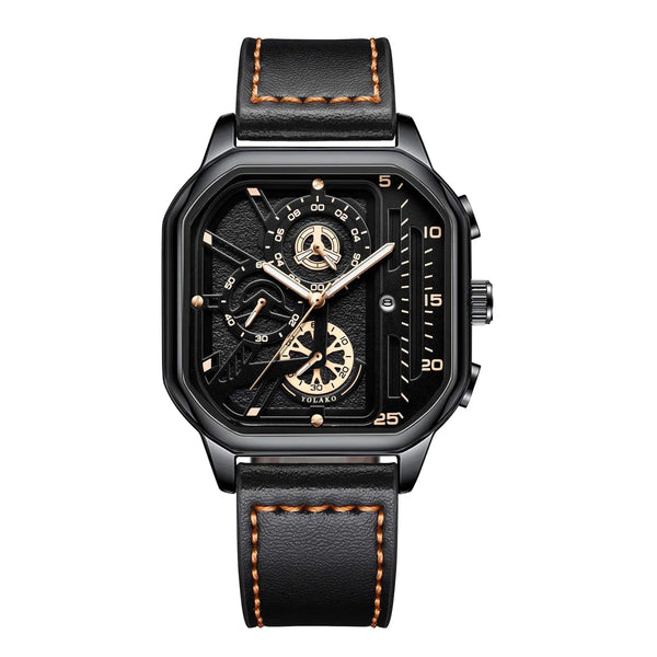 Planet Gates Gold-white-1 Men Quartz Watches Alloy Dial Business Men Watch PU Leather Strap Big Dial Square Sports Watch Cool Black Wristwatch for Man
