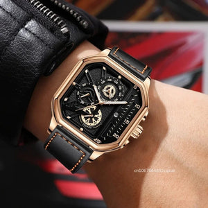 Planet Gates Gold-white-1 Men Quartz Watches Alloy Dial Business Men Watch PU Leather Strap Big Dial Square Sports Watch Cool Black Wristwatch for Man