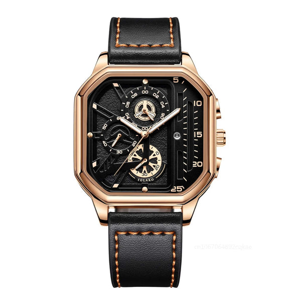 Planet Gates Gold-white-1 Men Quartz Watches Alloy Dial Business Men Watch PU Leather Strap Big Dial Square Sports Watch Cool Black Wristwatch for Man