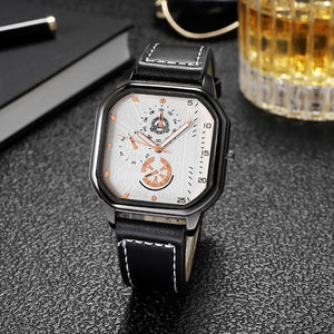 Planet Gates Gold-white-1 Men Quartz Watches Alloy Dial Business Men Watch PU Leather Strap Big Dial Square Sports Watch Cool Black Wristwatch for Man