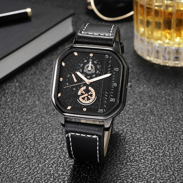 Planet Gates Gold-white-1 Men Quartz Watches Alloy Dial Business Men Watch PU Leather Strap Big Dial Square Sports Watch Cool Black Wristwatch for Man