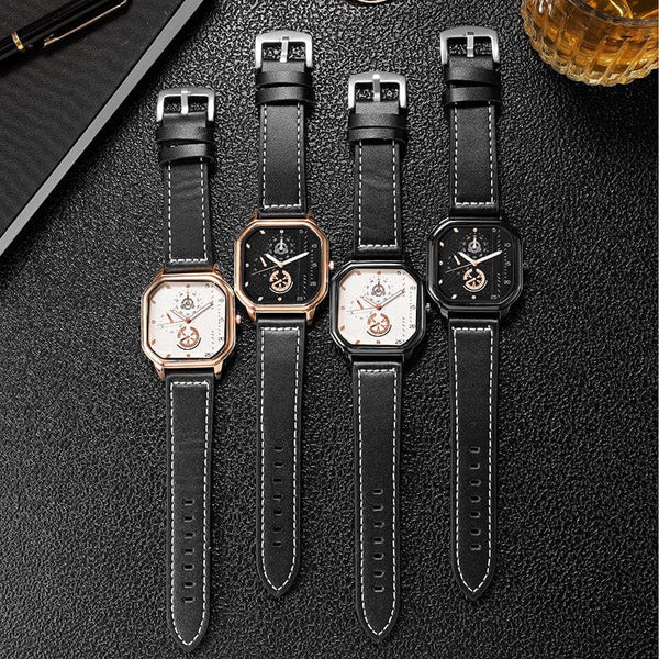 Planet Gates Gold-white-1 Men Quartz Watches Alloy Dial Business Men Watch PU Leather Strap Big Dial Square Sports Watch Cool Black Wristwatch for Man