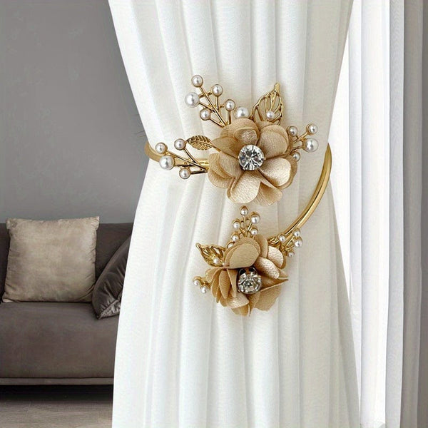 Planet Gates Golden 1pc Elegant Metal Faux Pearl Curtain Holdback with Three-dimensional Flower Design - Perfect for Bedroom, Office, Kitchen, Living Room, and Study - Adds a Touch of Luxury to Your Home Decor