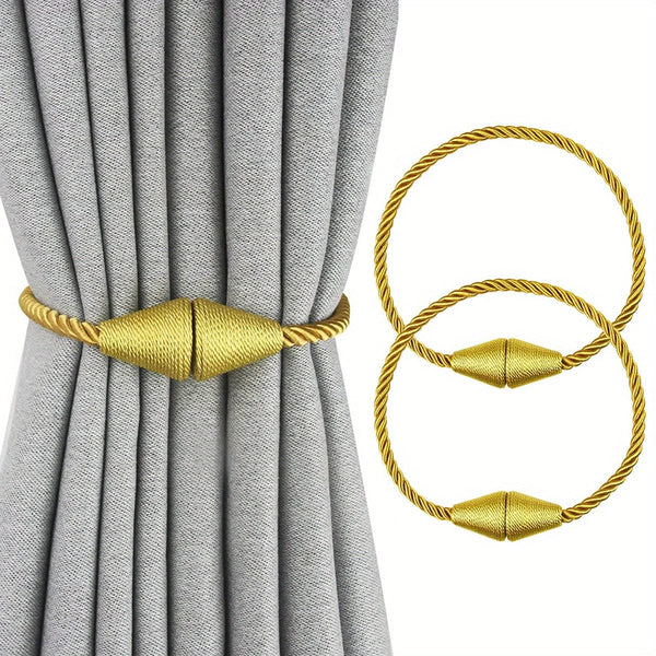 Planet Gates Golden 2pcs Modern Magnetic Curtain Tiebacks - Handmade Weave Holdbacks for Bedroom and Living Room - Easy to Use and Stylish Home Decor