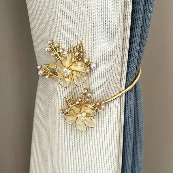 Planet Gates Golden Mesh 1pc Elegant Metal Faux Pearl Curtain Holdback with Three-dimensional Flower Design - Perfect for Bedroom, Office, Kitchen, Living Room, and Study - Adds a Touch of Luxury to Your Home Decor