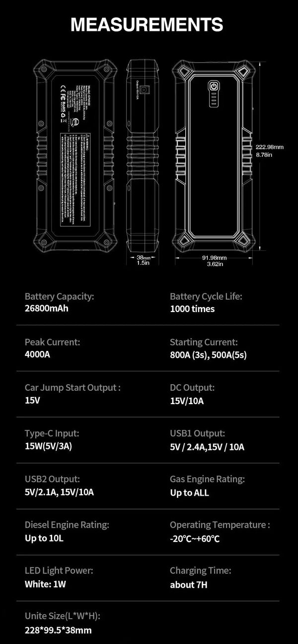 Planet Gates GOOLOO 26800mAh Jump Starter Car Booster External Battery 4000A Start Power Bank 12V Starting Device for Petrol Diesel Emergency